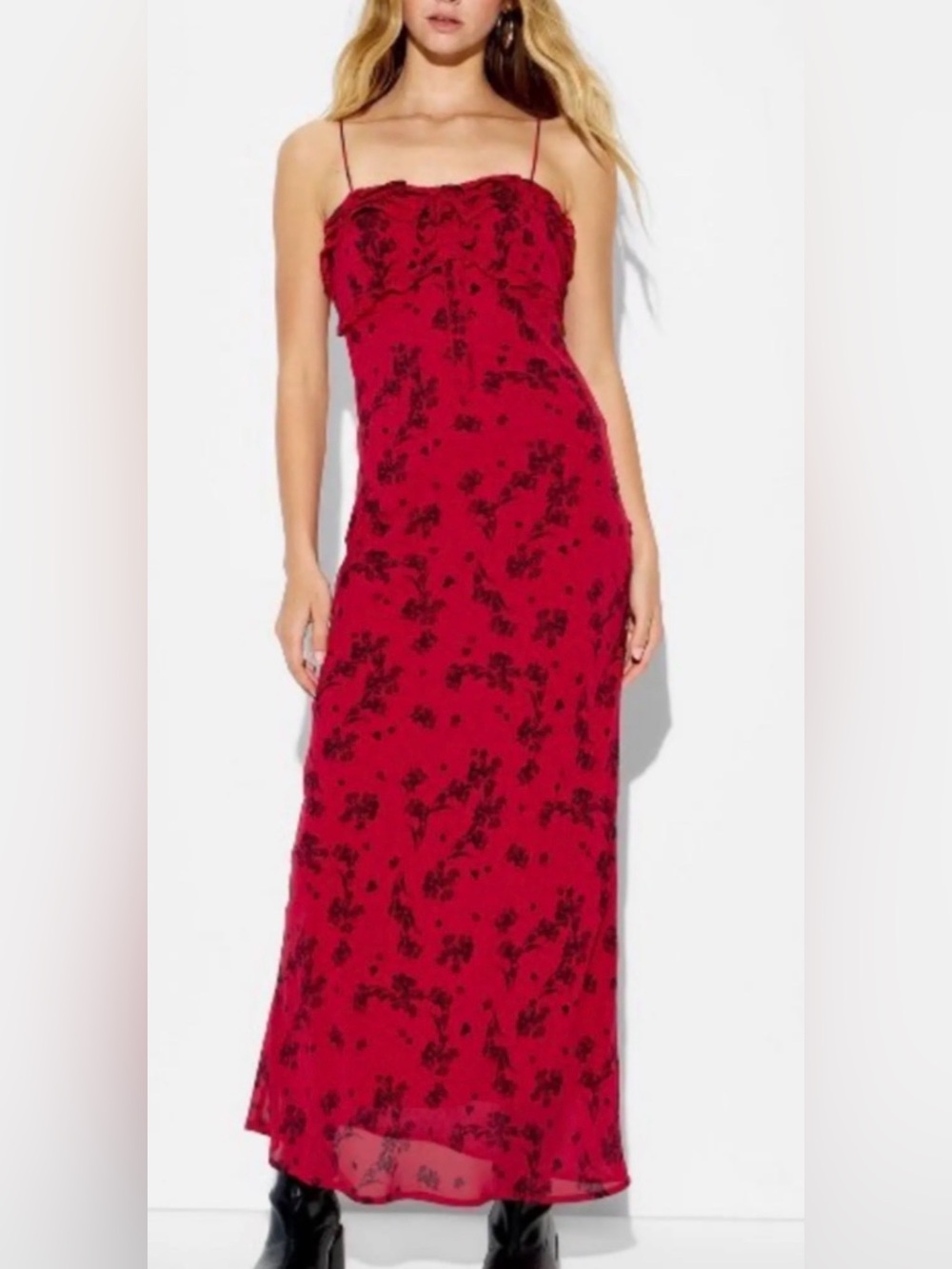 wild fable Red Floral Slip Maxi Dress with Black Print